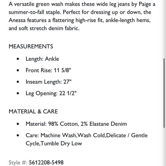 PAIGE Anessa wide leg ankle jeans, size 26 - Picture 5 of 5